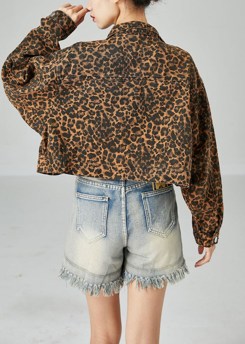 Mote Kaffe Peter Pan Krage Leopard Print Lommer Bomull Coats Spring - Vinterfrakker for kvinner