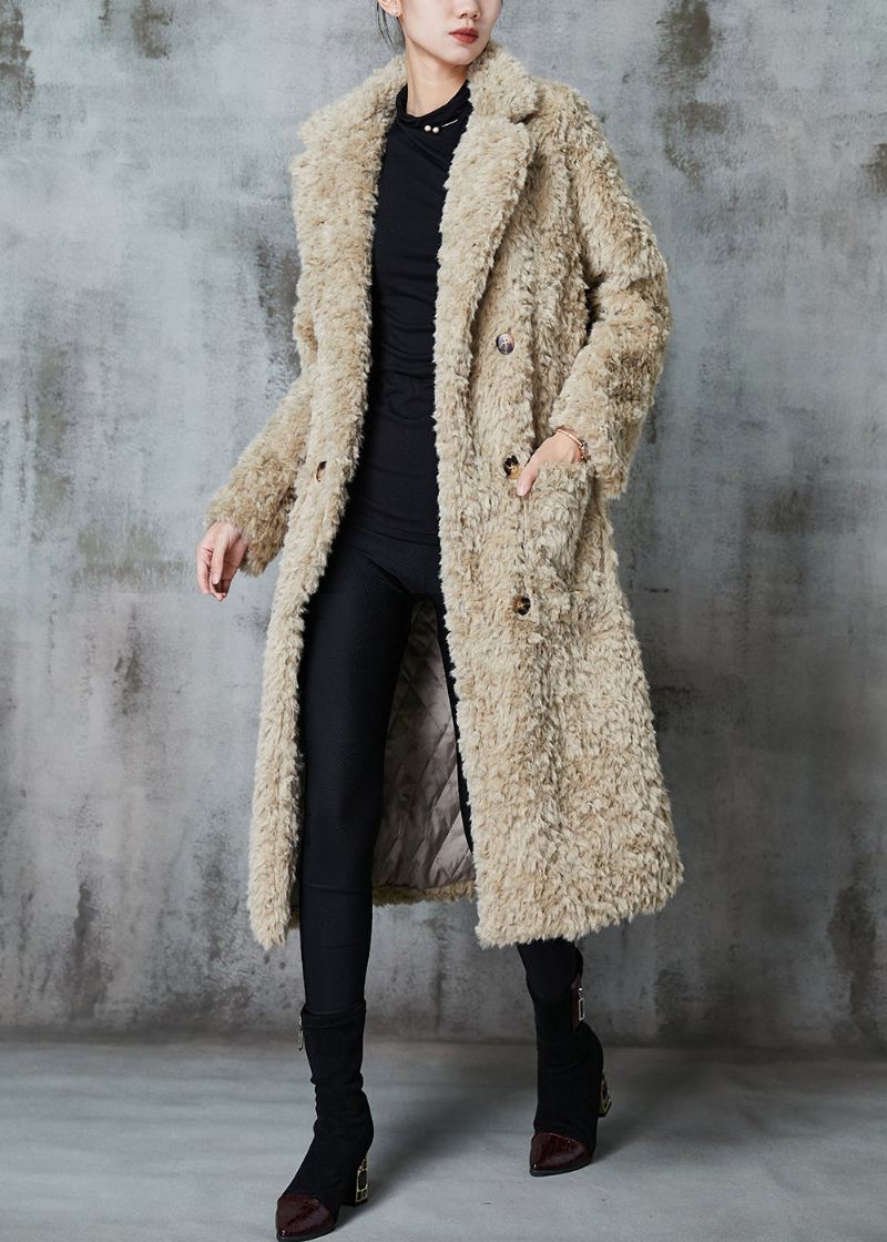 Mote Khaki Dobbeltbryst Tykk Fuzzy Pels Fluffy Coats Vinter