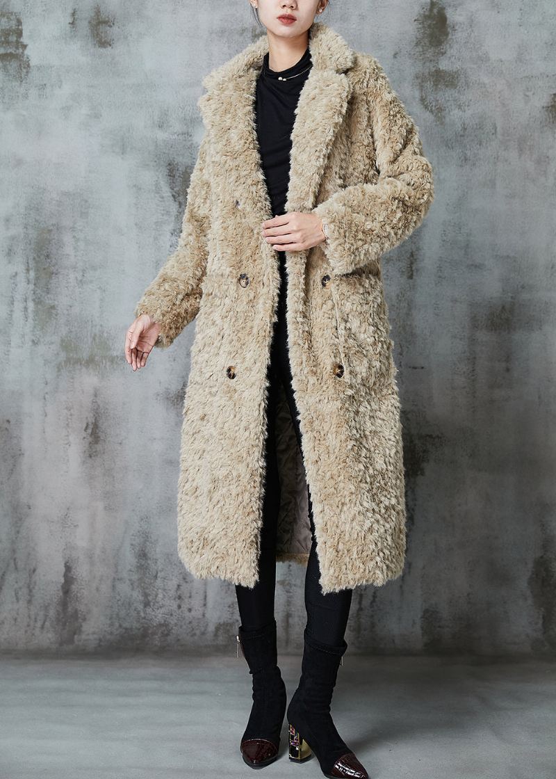 Mote Khaki Dobbeltbryst Tykk Fuzzy Pels Fluffy Coats Vinter - Vinterfrakker for kvinner