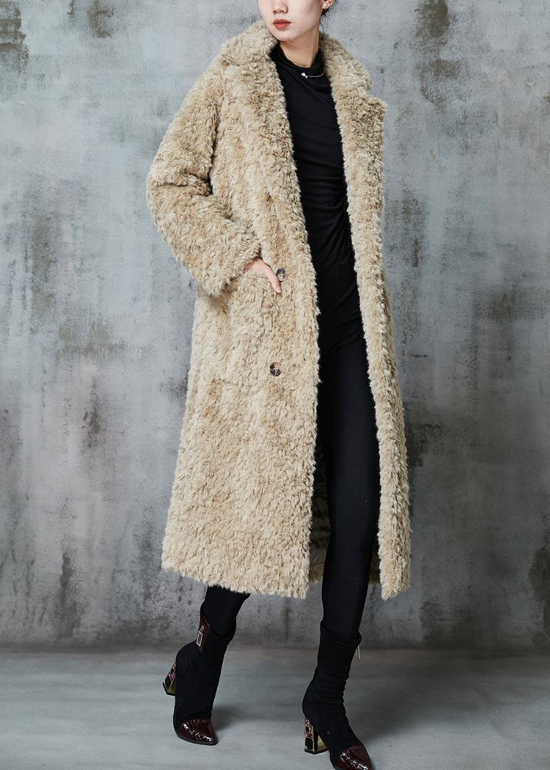 Mote Khaki Dobbeltbryst Tykk Fuzzy Pels Fluffy Coats Vinter - Vinterfrakker for kvinner