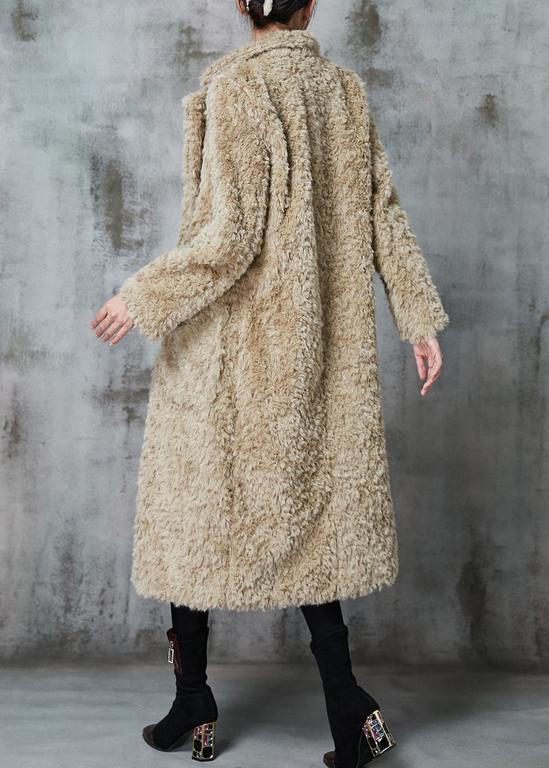 Mote Khaki Dobbeltbryst Tykk Fuzzy Pels Fluffy Coats Vinter - Vinterfrakker for kvinner