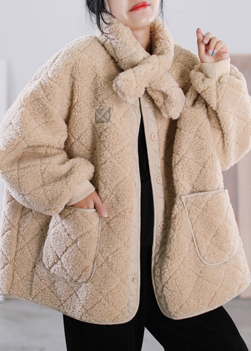 Mote Khaki O-hals Button Lommer Faux Fur Coat Vinter