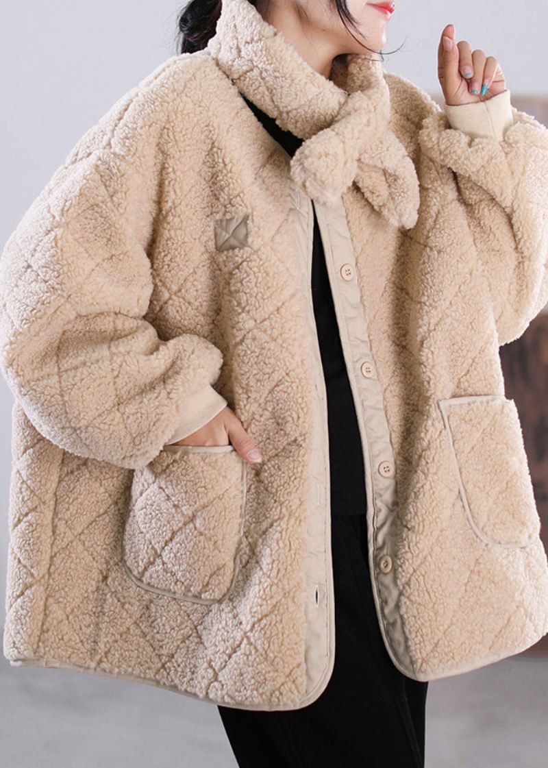 Mote Khaki O-hals Button Lommer Faux Fur Coat Vinter - Kaki