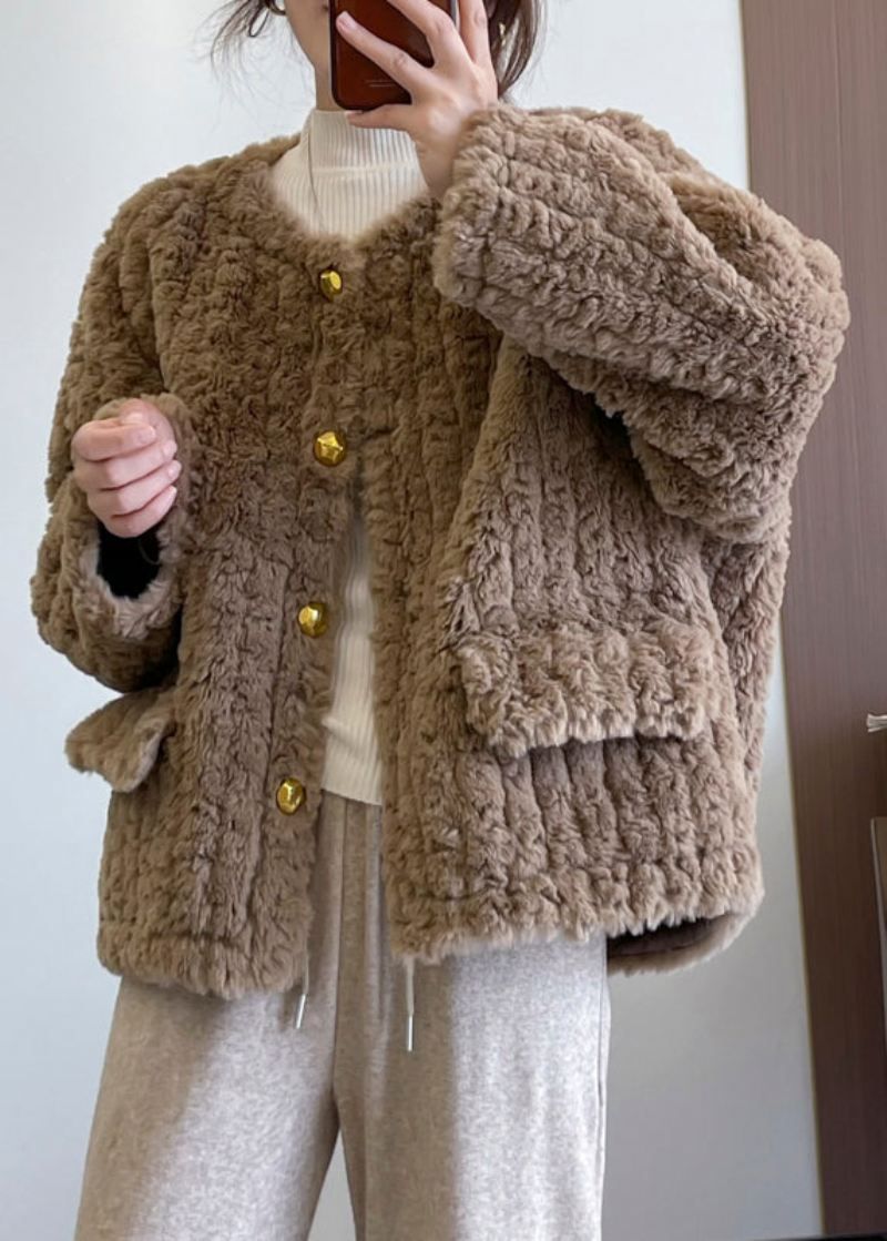 Mote Khaki Tykk Fuskepels Teddy Coat Vinter