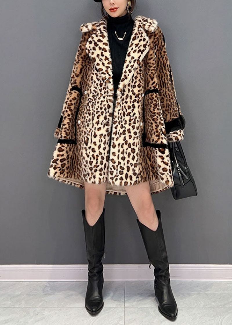 Mote Lys Sjokolade Hakk Leopard Fuzzy Fur Fluffy Loose Coat Vinter