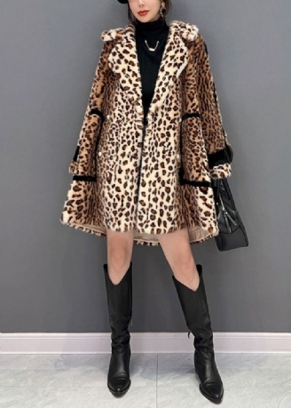 Mote Lys Sjokolade Hakk Leopard Fuzzy Fur Fluffy Loose Coat Vinter