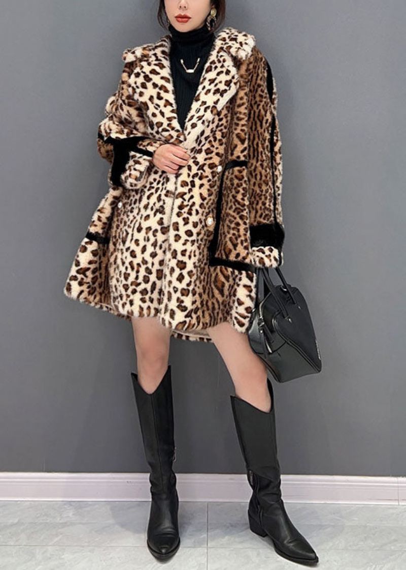 Mote Lys Sjokolade Hakk Leopard Fuzzy Fur Fluffy Loose Coat Vinter - Vinterfrakker for kvinner