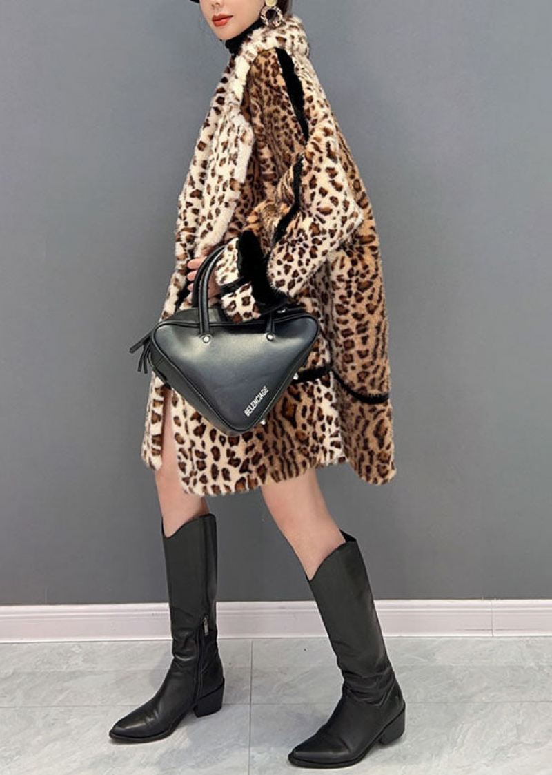 Mote Lys Sjokolade Hakk Leopard Fuzzy Fur Fluffy Loose Coat Vinter - Vinterfrakker for kvinner