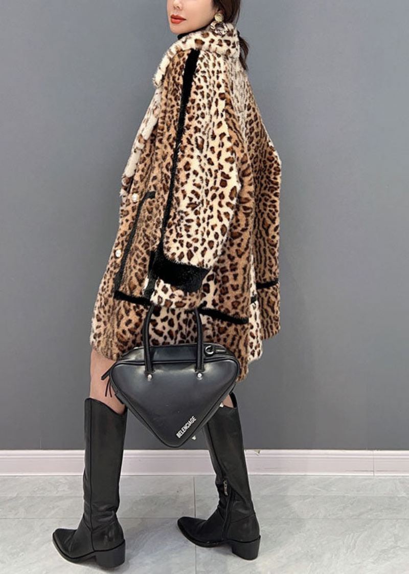 Mote Lys Sjokolade Hakk Leopard Fuzzy Fur Fluffy Loose Coat Vinter - Vinterfrakker for kvinner