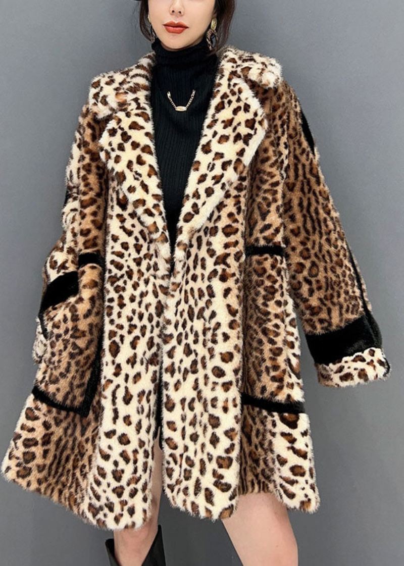 Mote Lys Sjokolade Hakk Leopard Fuzzy Fur Fluffy Loose Coat Vinter - Vinterfrakker for kvinner