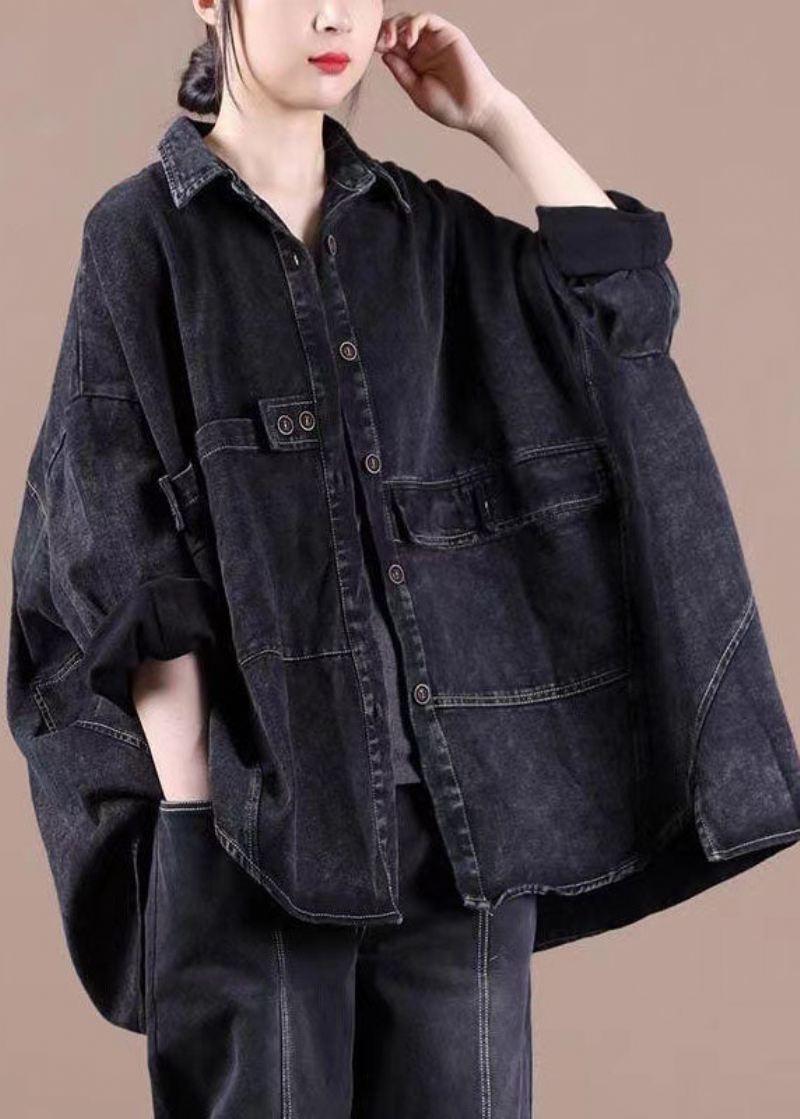 Mote Svart Løs Button Patchwork Asymmetrisk Design Fall Denim Langermet Bluse Topper - Vinterfrakker for kvinner