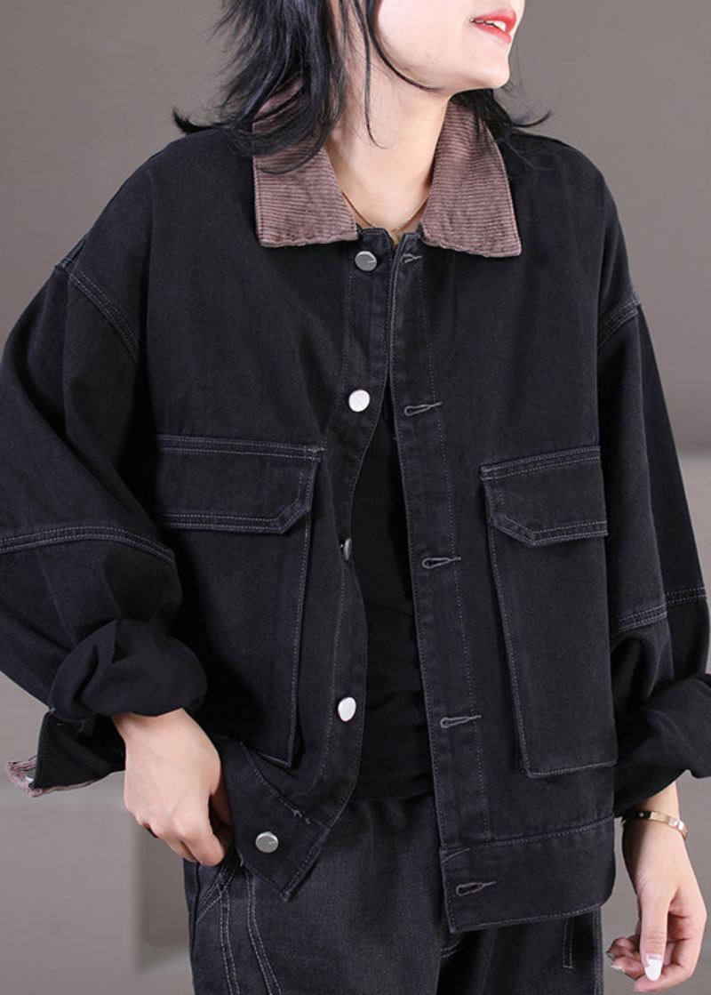 Mote Svart Peter Pan Krage Corduroy Patchwork Button Denim Coats Fall