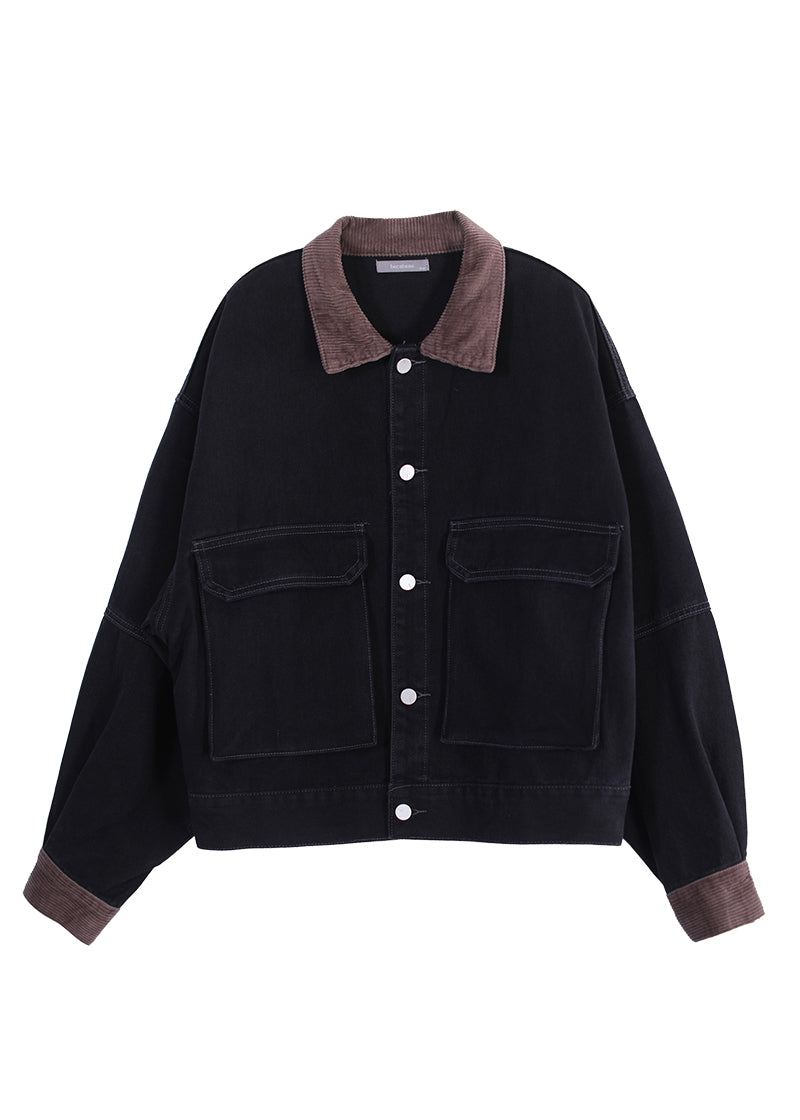 Mote Svart Peter Pan Krage Corduroy Patchwork Button Denim Coats Fall - Vinterfrakker for kvinner