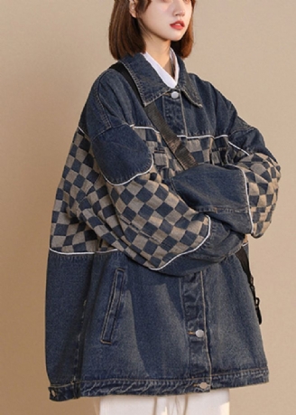 Mote Svart Peter Pan Krage Rutet Patchwork Button Bomull Denim Coat Fall