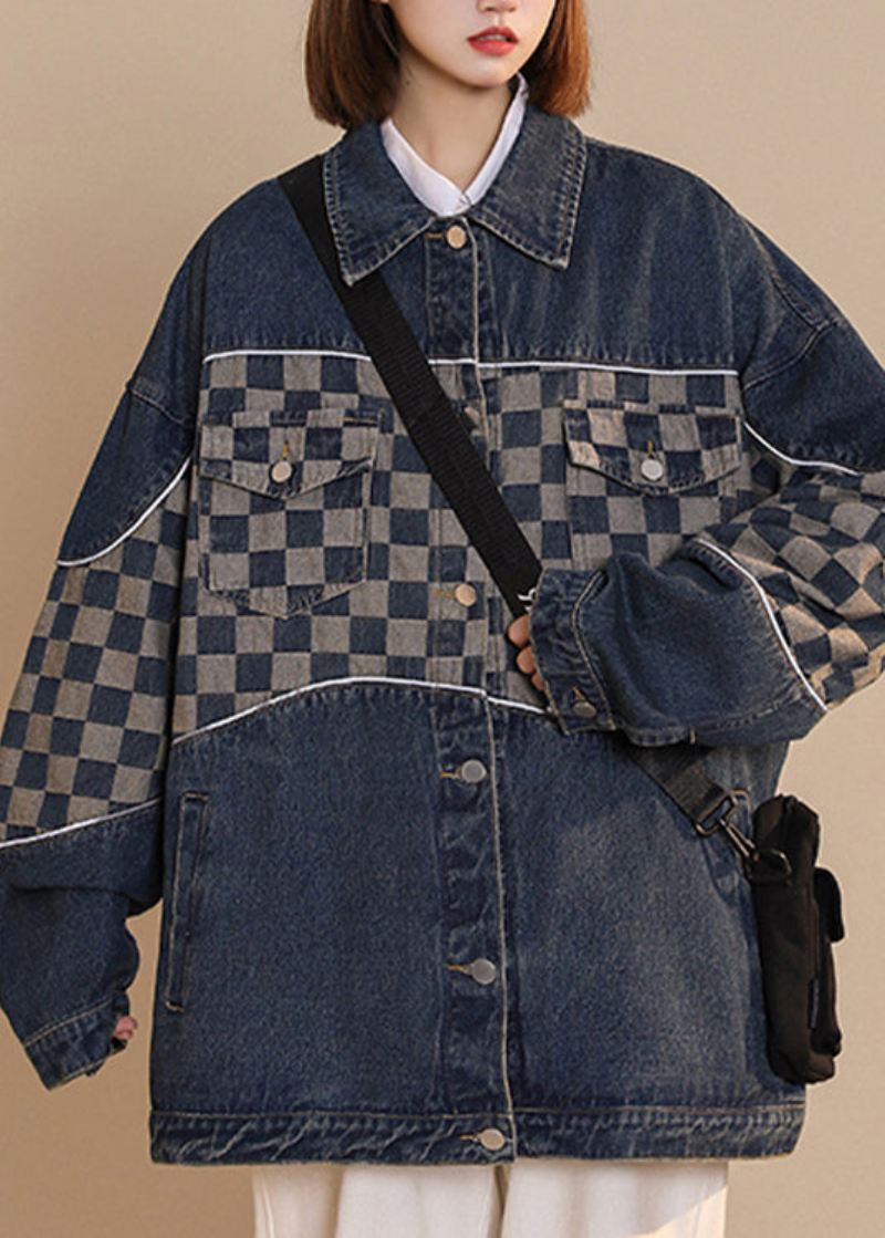 Mote Svart Peter Pan Krage Rutet Patchwork Button Bomull Denim Coat Fall - Svart