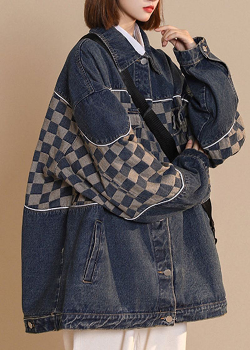 Mote Svart Peter Pan Krage Rutet Patchwork Button Bomull Denim Coat Fall - Svart