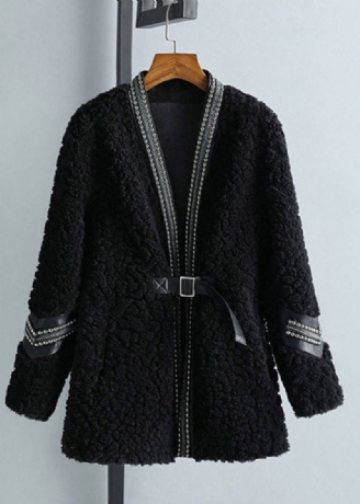 Mote Svart V-hals Patchwork Sashes Faux Fur Coat Vinter