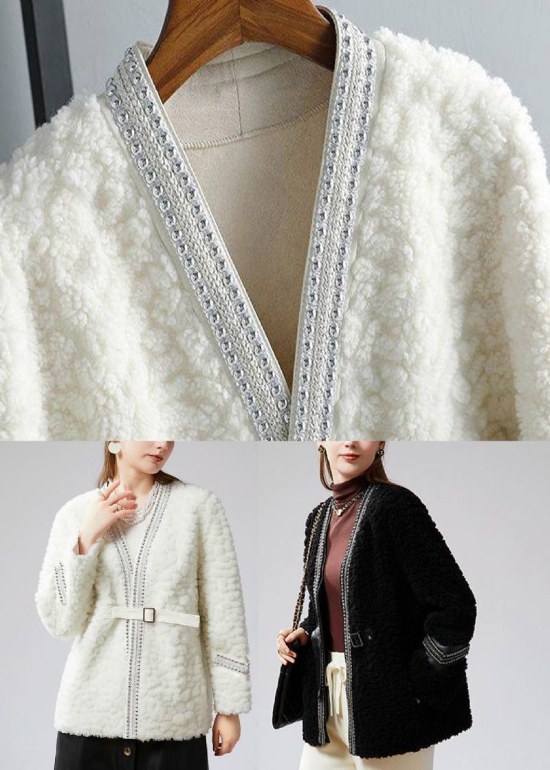 Mote Svart V-hals Patchwork Sashes Faux Fur Coat Vinter - Svart