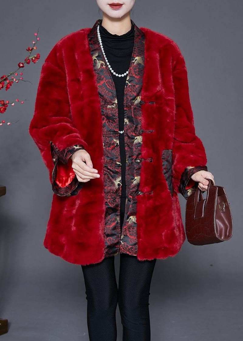 Mulberry Patchwork Faux Fur Coat Kinesisk Knapp Vinter - Vinterfrakker for kvinner