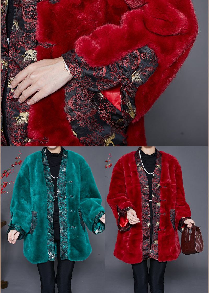 Mulberry Patchwork Faux Fur Coat Kinesisk Knapp Vinter - Vinterfrakker for kvinner