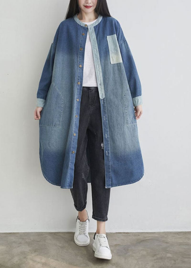 Naturlig Blå O-halslommer Patchwork Denim Yttertøy Vår - Vinterfrakker for kvinner