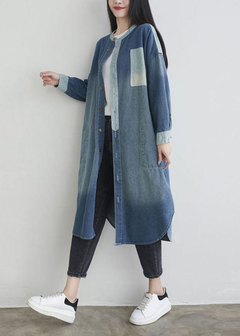 Naturlig Blå O-halslommer Patchwork Denim Yttertøy Vår - Vinterfrakker for kvinner