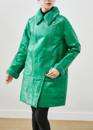 Naturlig Grønn Zip Up Patchwork Duck Down Faux Leather Coats Vinter