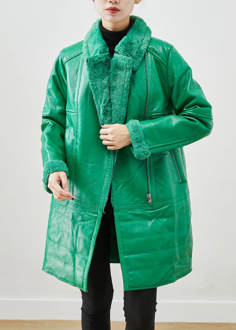 Naturlig Grønn Zip Up Patchwork Duck Down Faux Leather Coats Vinter - Vinterfrakker for kvinner