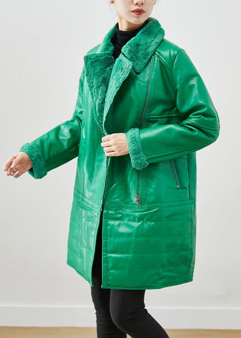 Naturlig Grønn Zip Up Patchwork Duck Down Faux Leather Coats Vinter - Vinterfrakker for kvinner