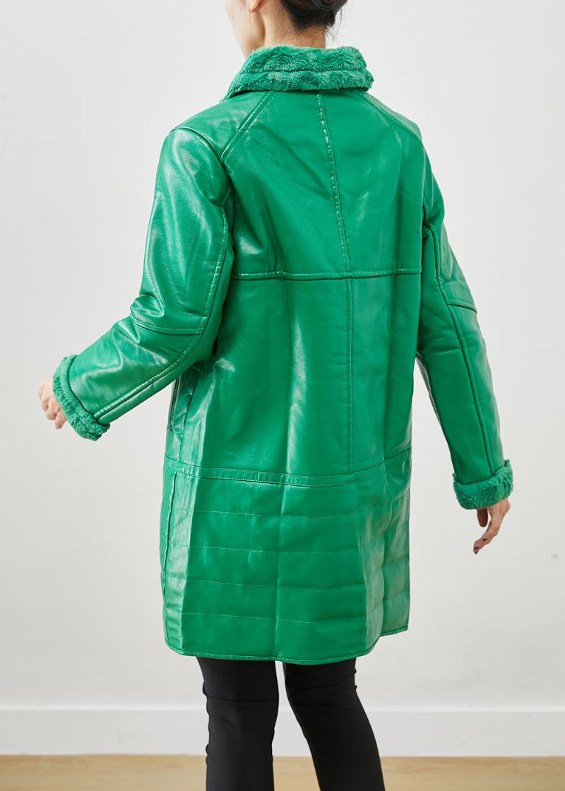 Naturlig Grønn Zip Up Patchwork Duck Down Faux Leather Coats Vinter - Vinterfrakker for kvinner