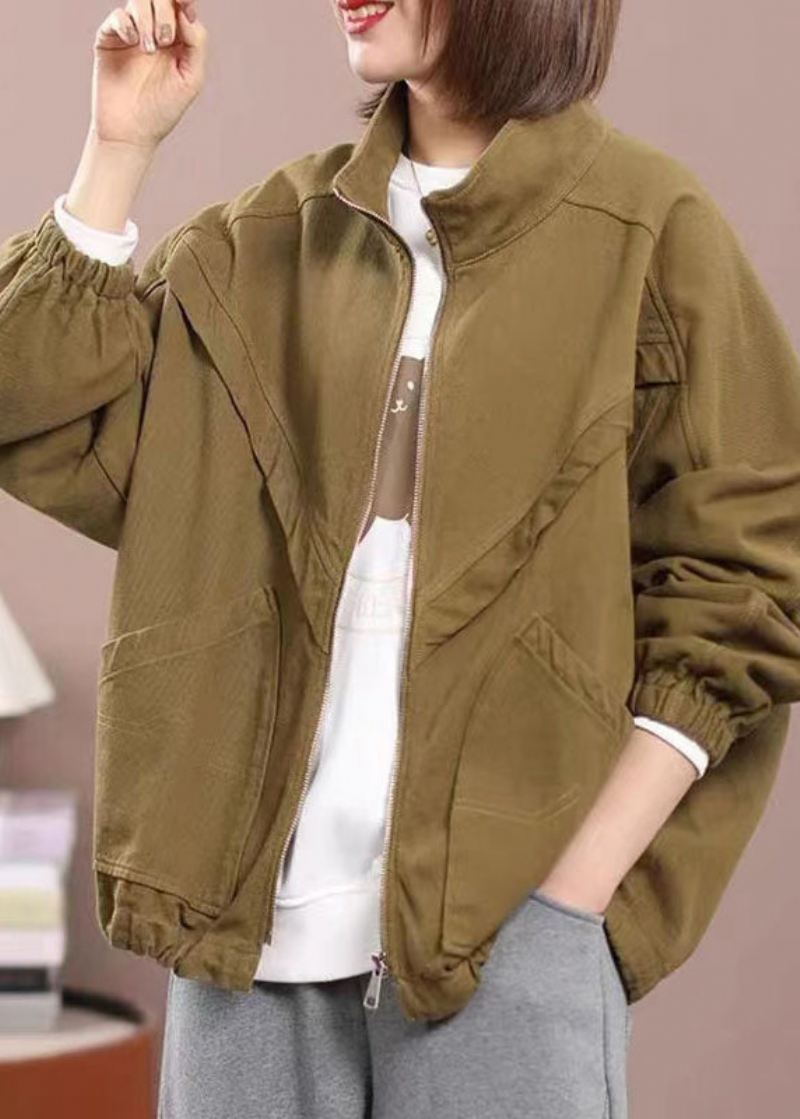 Naturlig Khaki Zip Up Lommer Patchwork Cotton Coat Fall