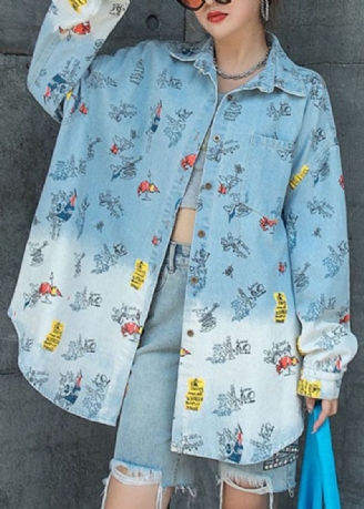 Naturlig Lyseblå Peter Pan Kragelommer Patchwork Denim Coat Spring