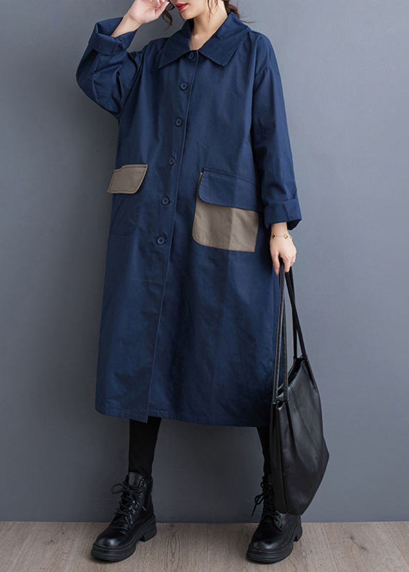 Navy Lommer Button Cotton Trench Peter Pan Krage Fall