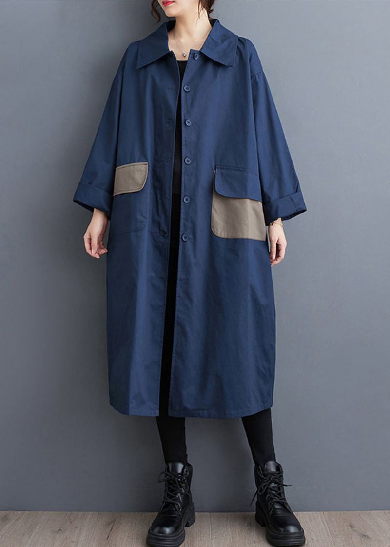 Navy Lommer Button Cotton Trench Peter Pan Krage Fall - Vinterfrakker for kvinner