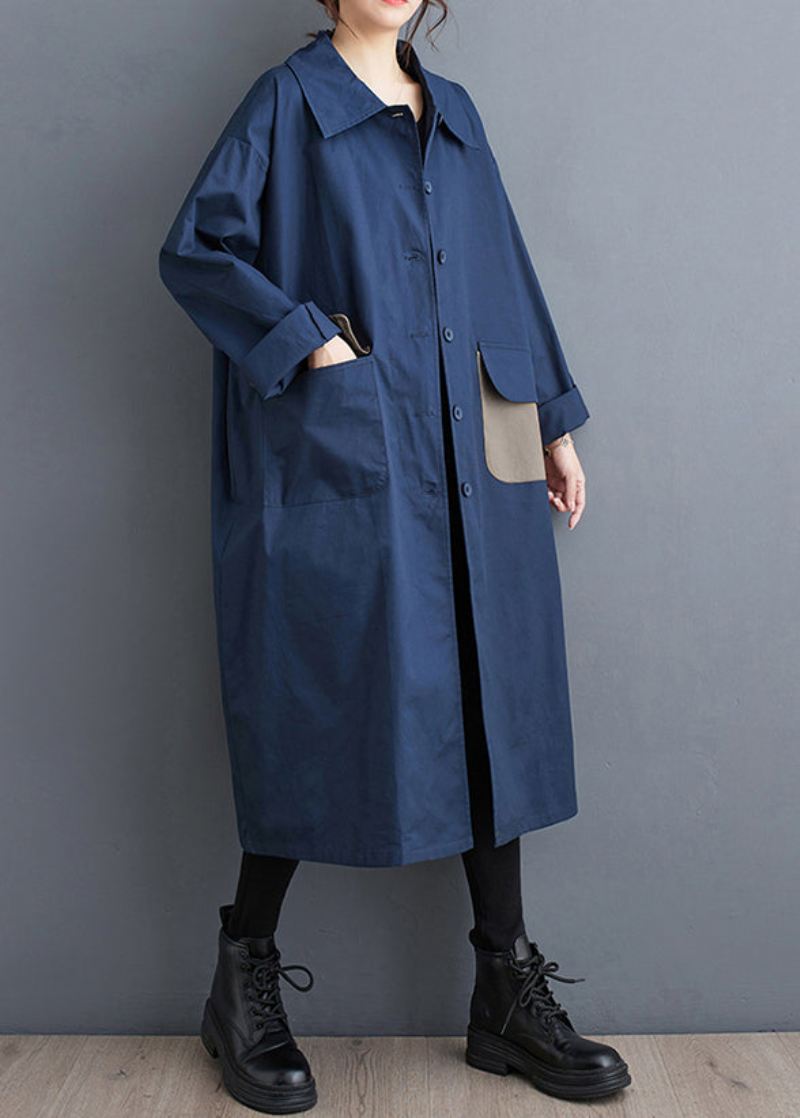 Navy Lommer Button Cotton Trench Peter Pan Krage Fall - Vinterfrakker for kvinner