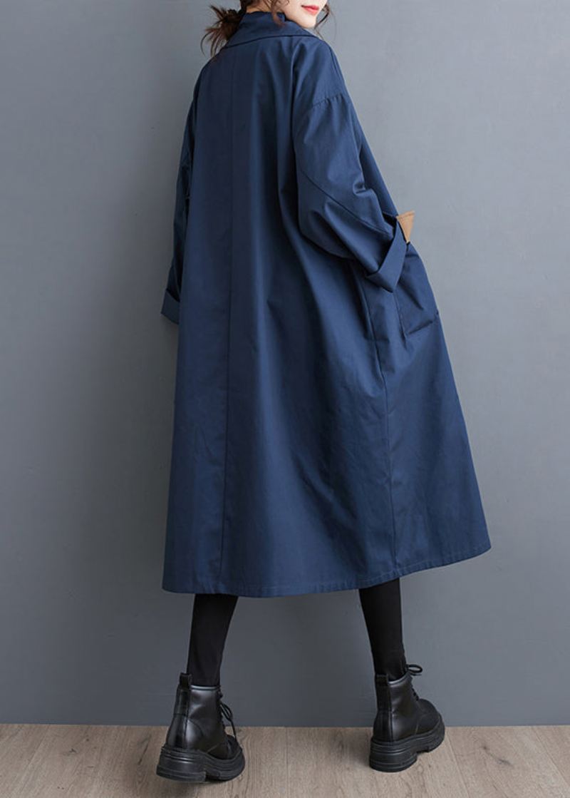 Navy Lommer Button Cotton Trench Peter Pan Krage Fall - Vinterfrakker for kvinner