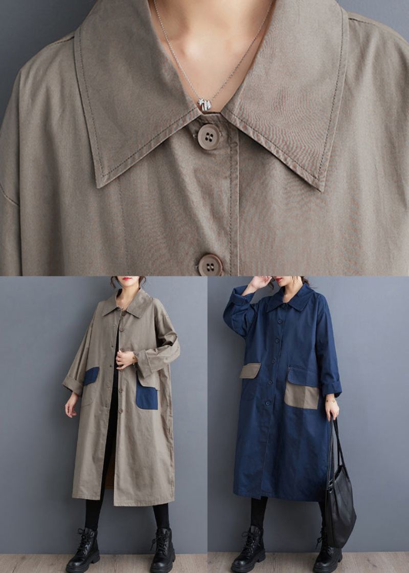 Navy Lommer Button Cotton Trench Peter Pan Krage Fall - Vinterfrakker for kvinner