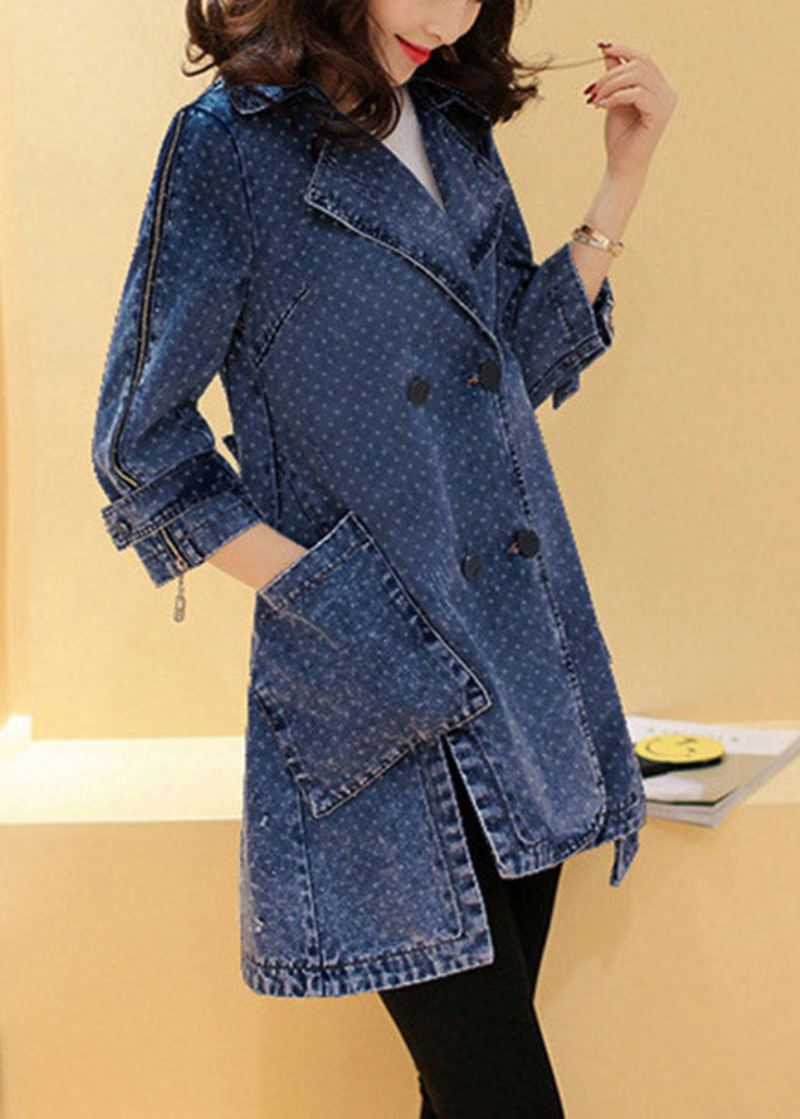 Navy Notched Low High Design Cotton Maxi Coats Spring