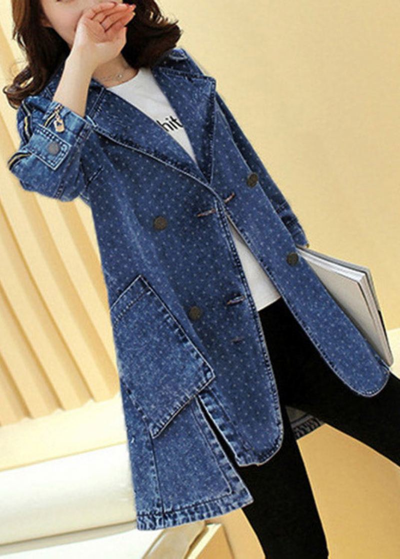 Navy Notched Low High Design Cotton Maxi Coats Spring - Marine