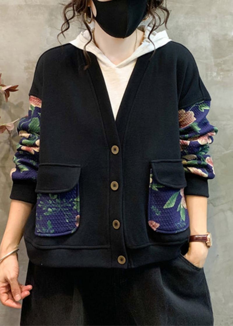 Navy Print Patchwork Varm Fleece Coat V-hals Langermet