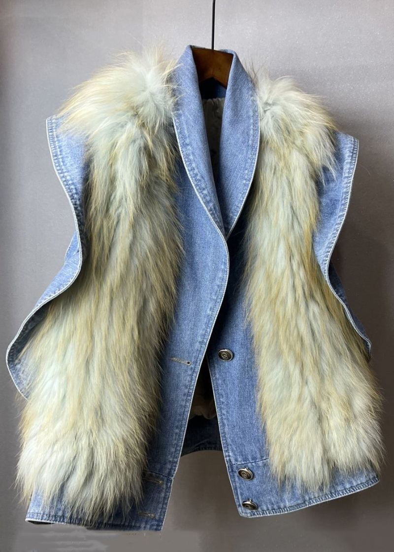 Ny Blå Ruffled Fuzzy Pels Fluffy Patchwork Denimvest Ermeløs