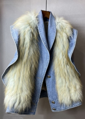 Ny Blå Ruffled Fuzzy Pels Fluffy Patchwork Denimvest Ermeløs