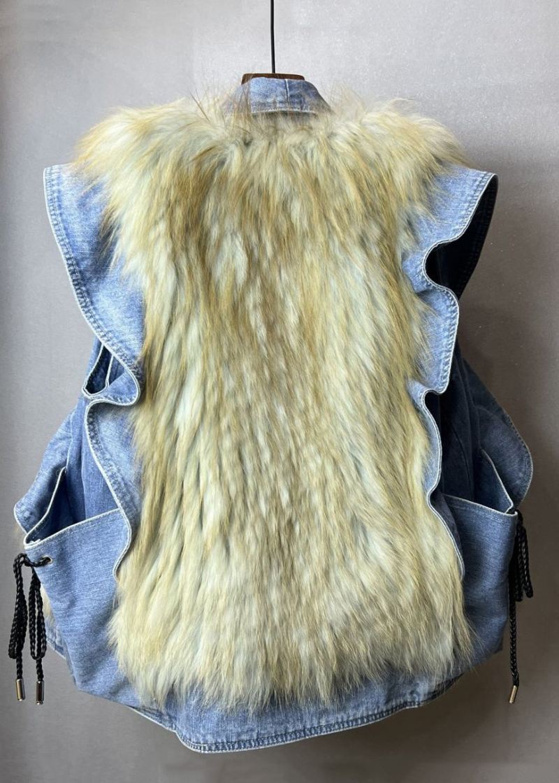 Ny Blå Ruffled Fuzzy Pels Fluffy Patchwork Denimvest Ermeløs - Vinterfrakker for kvinner