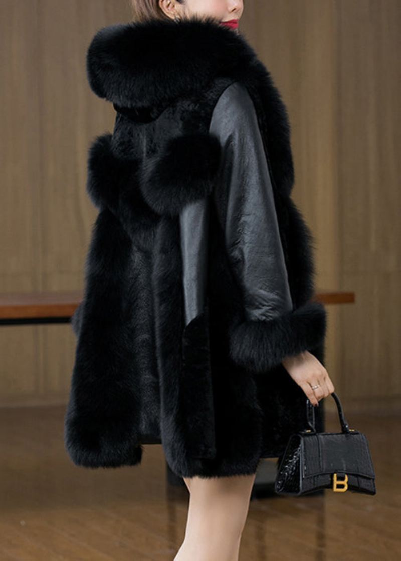 Ny Black Fox Krage Button Patchwork Mink Hair Coats Vinter