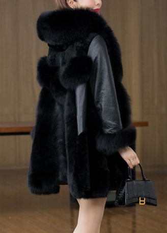 Ny Black Fox Krage Button Patchwork Mink Hair Coats Vinter