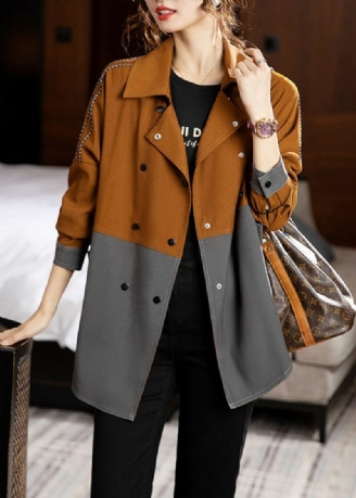 Ny Colorblock Peter Pan Krage Button Patchwork Cotton Coat Fall