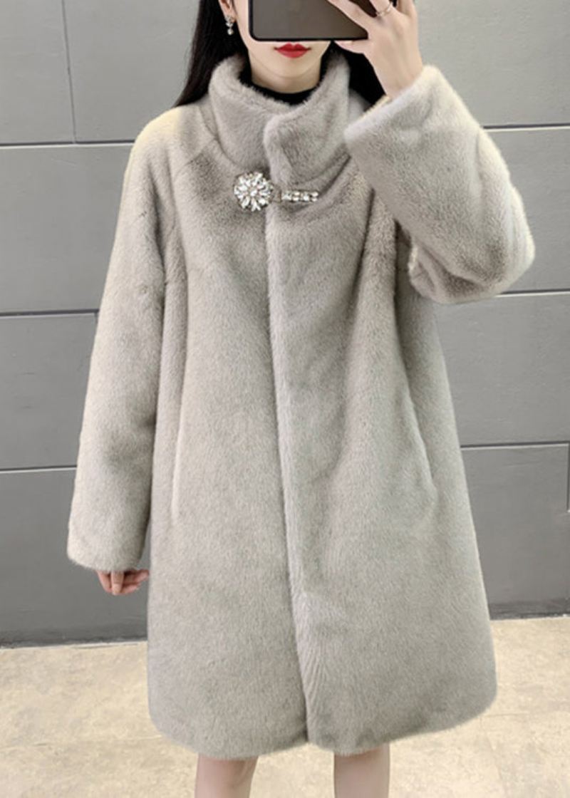 Ny Grå Stativ Knapp Krage Patchwork Fuzzy Fur Fluffy Coats Vinter - Vinterfrakker for kvinner