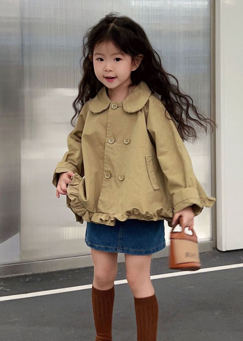 Ny Khaki Peter Pan Krage Ruffled Button Cotton Girls Coats Spring - Vinterfrakker for kvinner