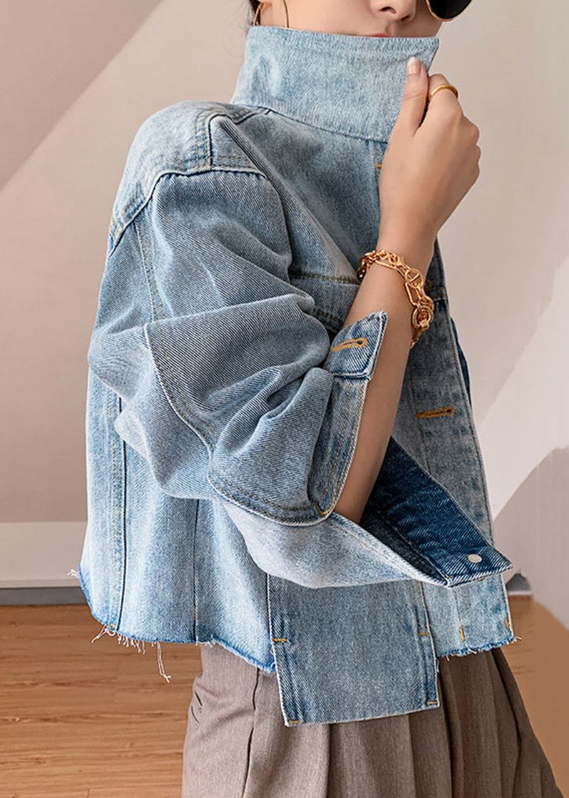 Nye Blå Knapplommer Patchwork Denim Coats Spring