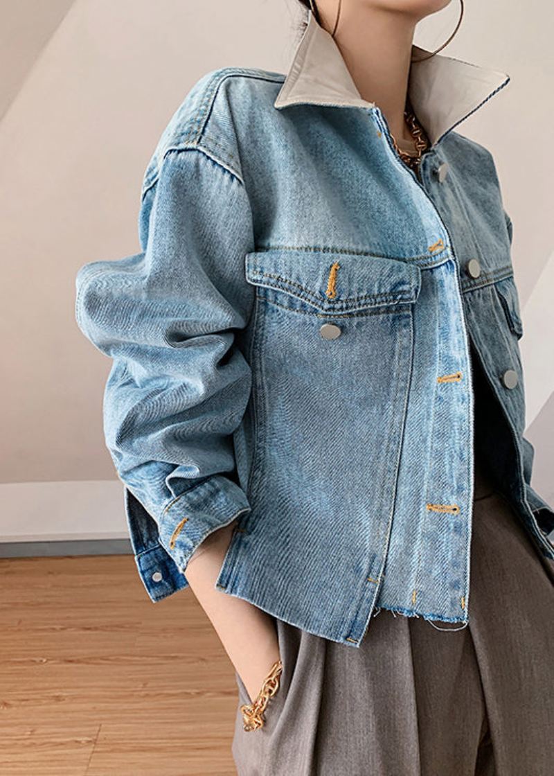 Nye Blå Knapplommer Patchwork Denim Coats Spring - Vinterfrakker for kvinner